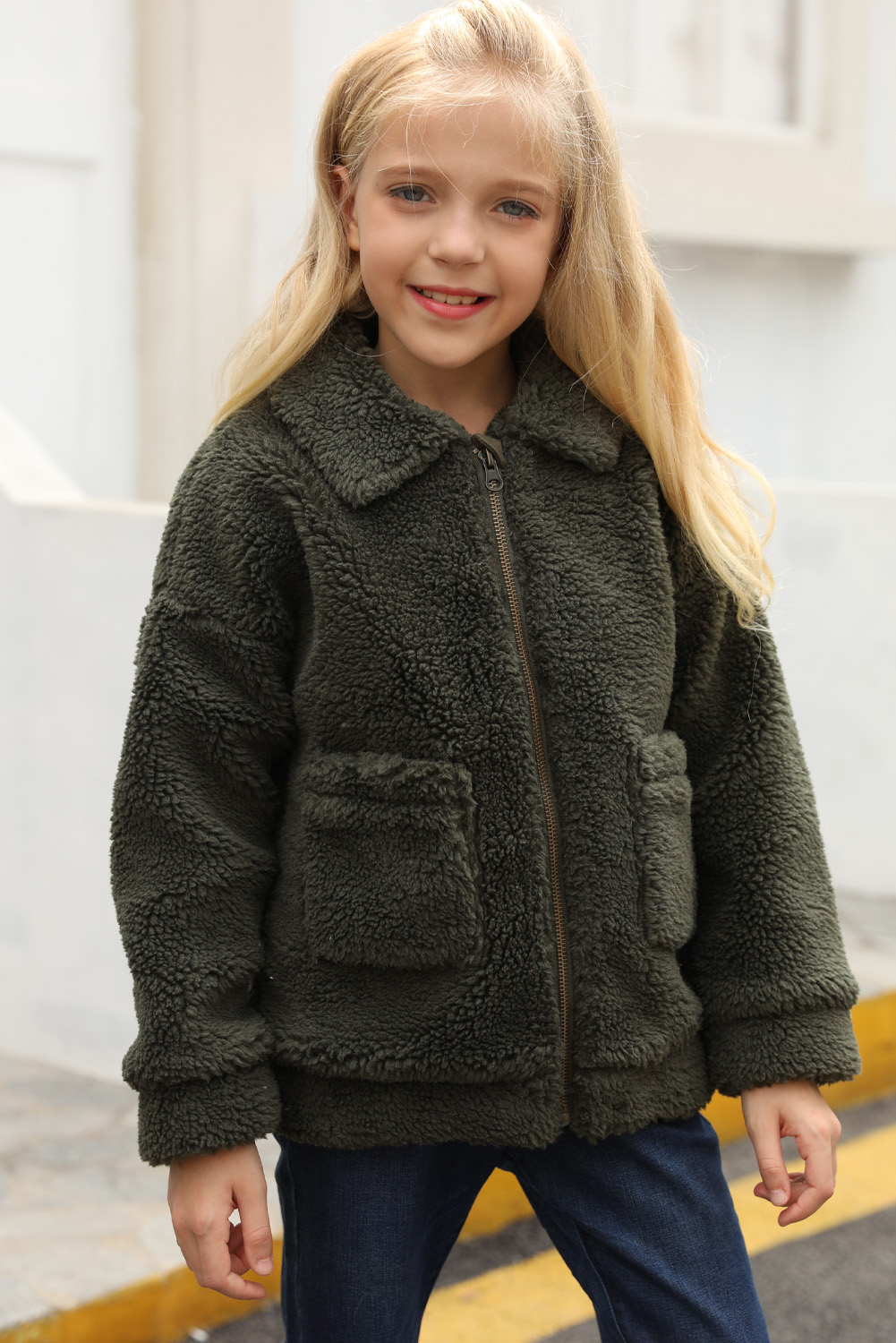Green Lapel Zipper Pockets Girl's Sherpa Coat