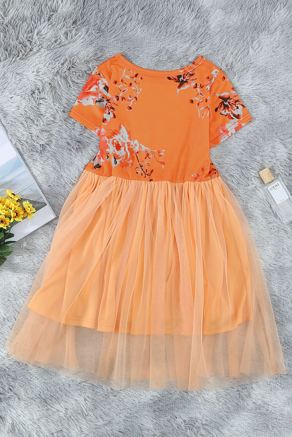 Orange Short Sleeves Floral Bodice Empire Waist Kids Tulle Dress