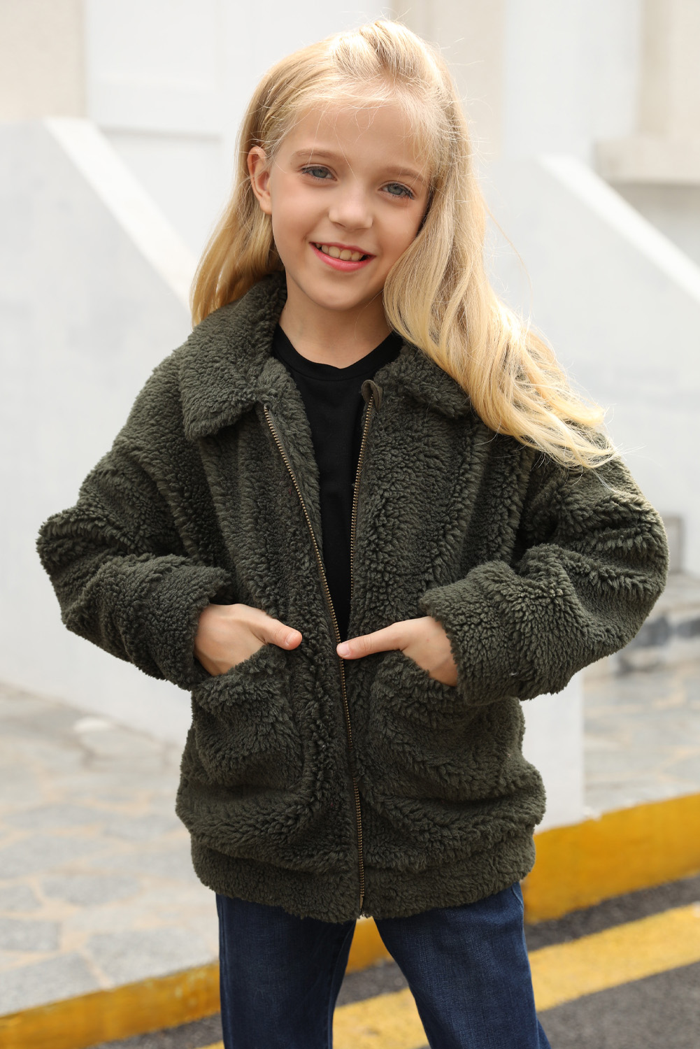 Green Lapel Zipper Pockets Girl's Sherpa Coat