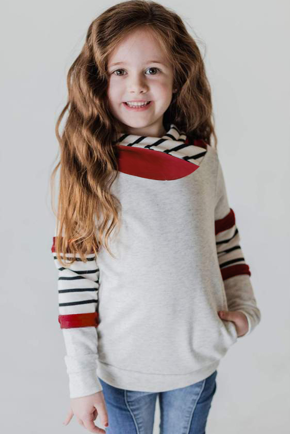 Gray Girls Stripes Colorblock High Neck Hoodie