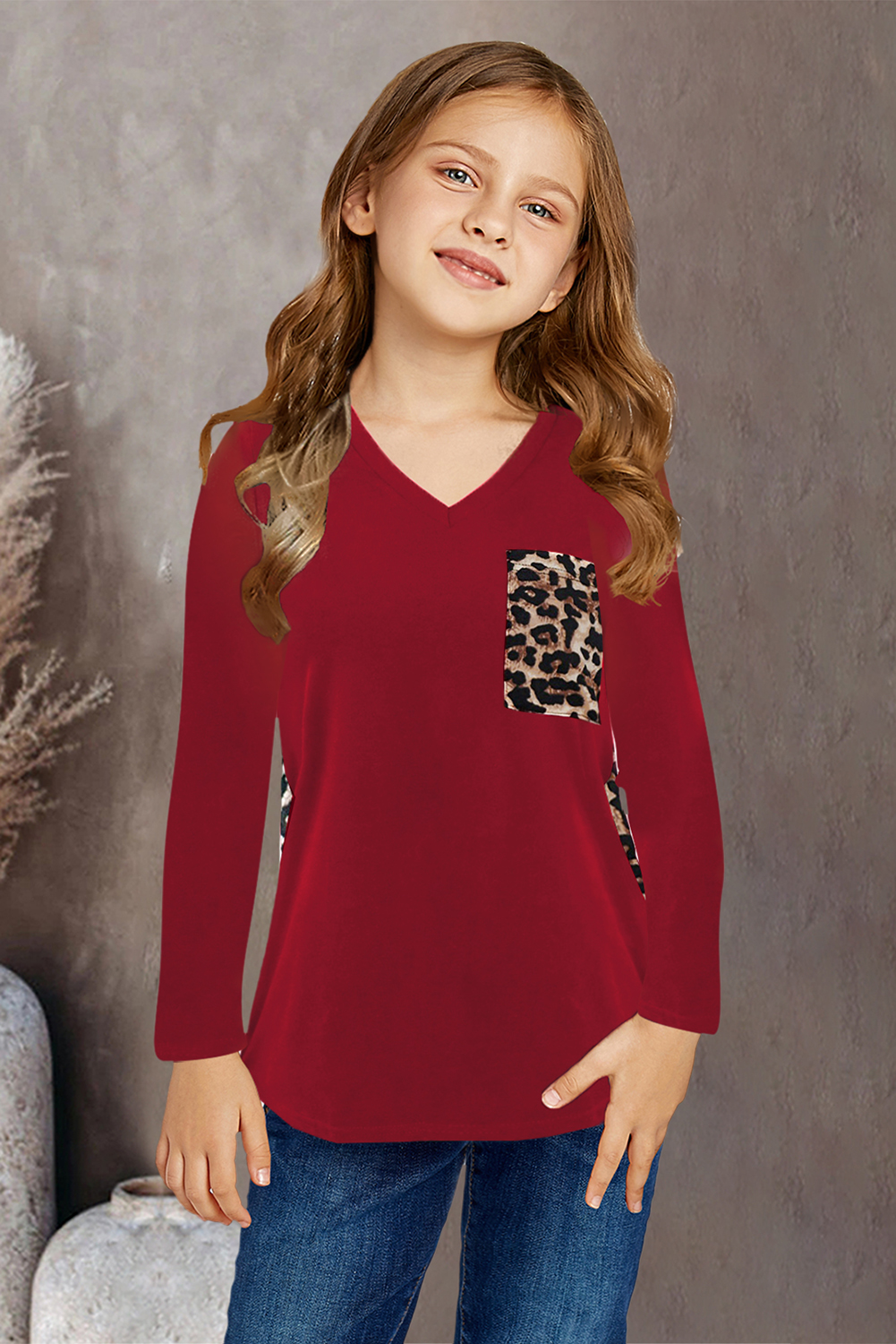 Red Leopard Patchwork Kids Long Sleeve Top