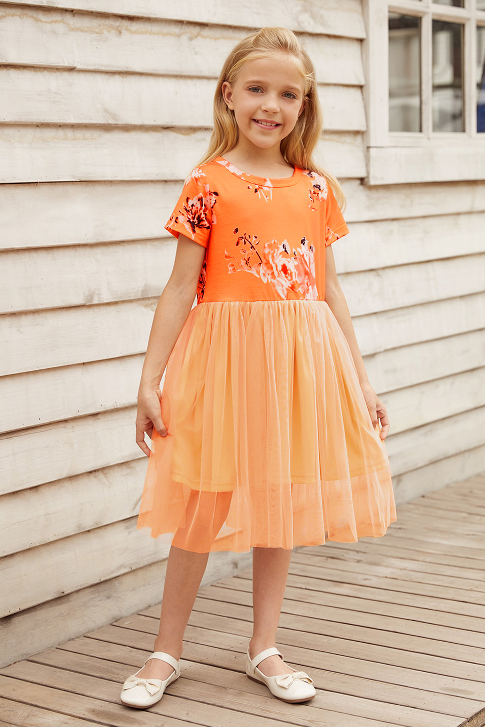 Orange Short Sleeves Floral Bodice Empire Waist Kids Tulle Dress