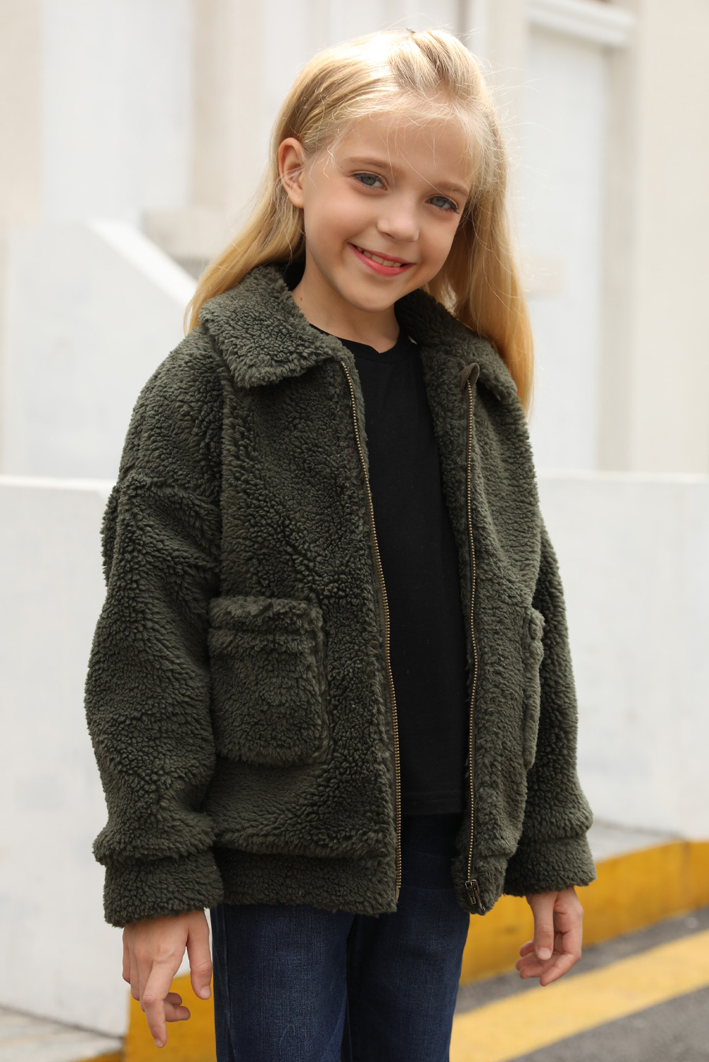 Green Lapel Zipper Pockets Girl's Sherpa Coat