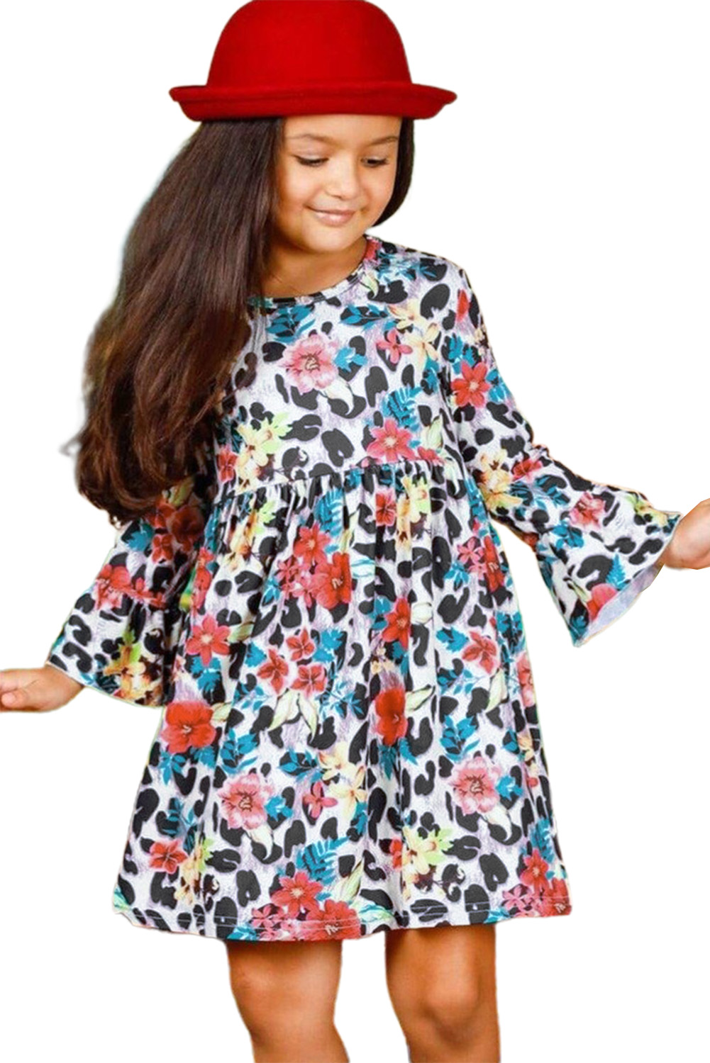 Girls Floral Leopard Long Ruffled Sleeve Dress