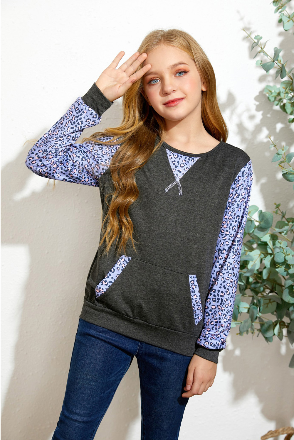 Gray Leopard Raglan Sleeve Patchwork Little Girl Sweatshirt
