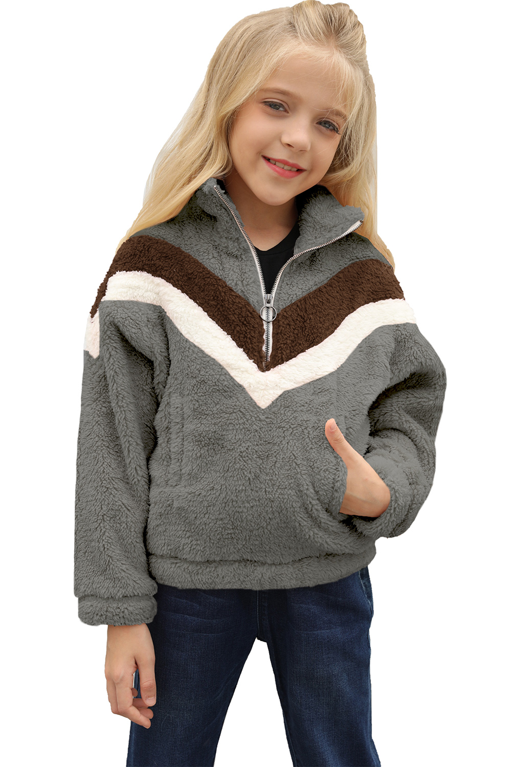 Gray Stripe Color Block Half Zip Girl Fleece Sweatshirt With Pocket