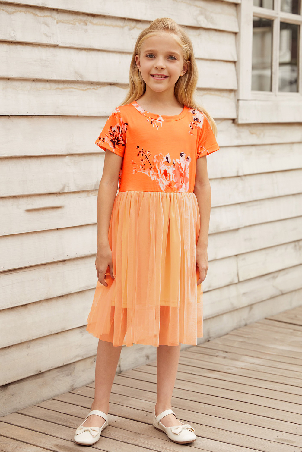 Orange Short Sleeves Floral Bodice Empire Waist Kids Tulle Dress
