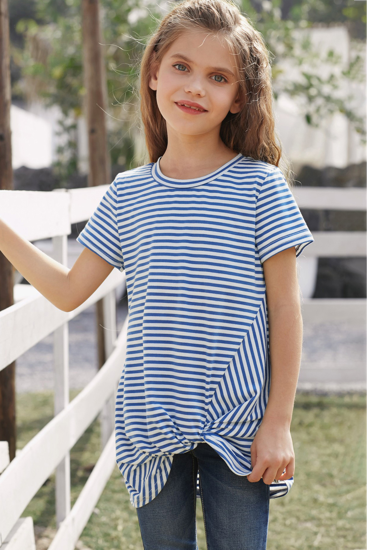 Blue Short Sleeve Front Twist Striped Girl's Top