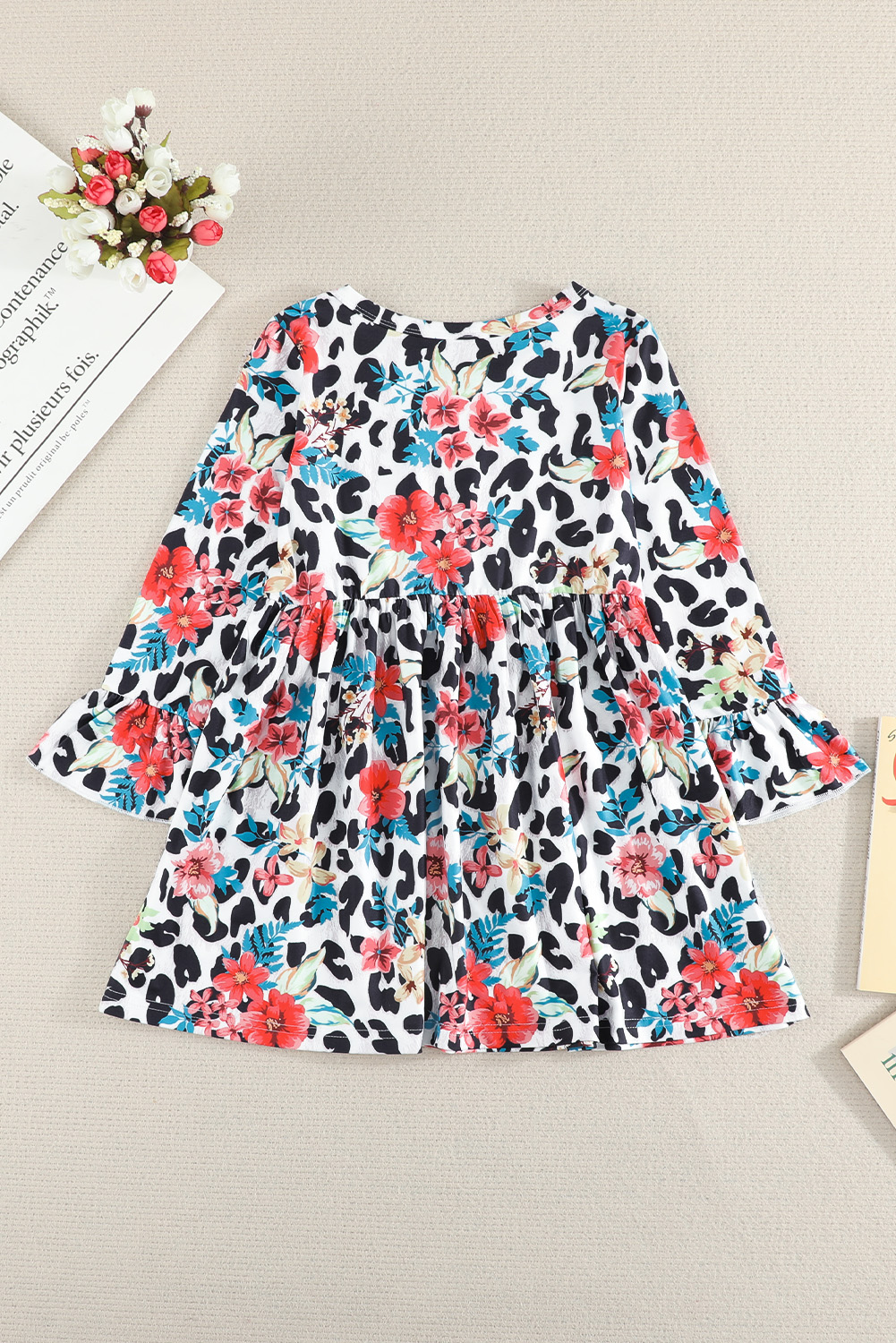 Girls Floral Leopard Long Ruffled Sleeve Dress