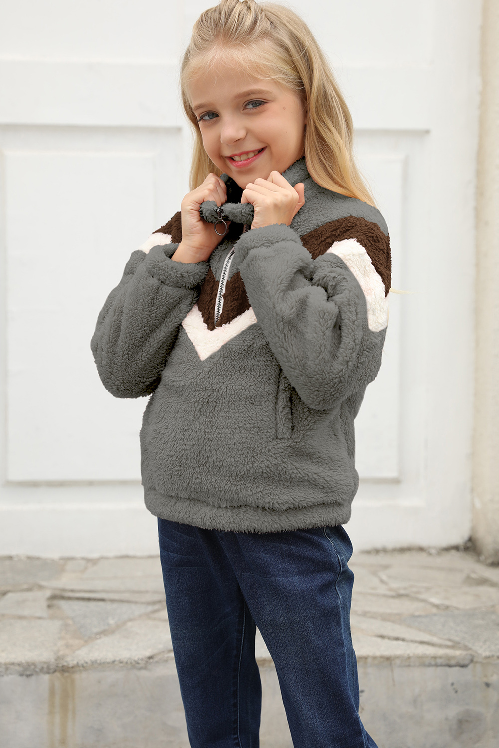 Gray Stripe Color Block Half Zip Girl Fleece Sweatshirt With Pocket