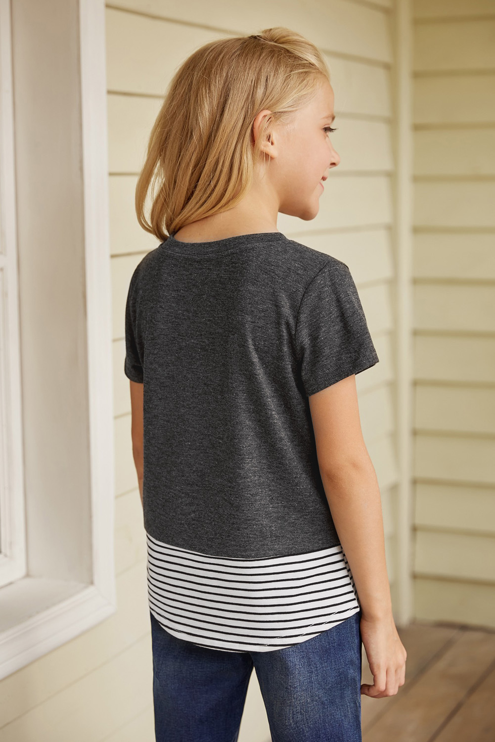 Gray Print Splicing Stripes Girls' T-Shirt
