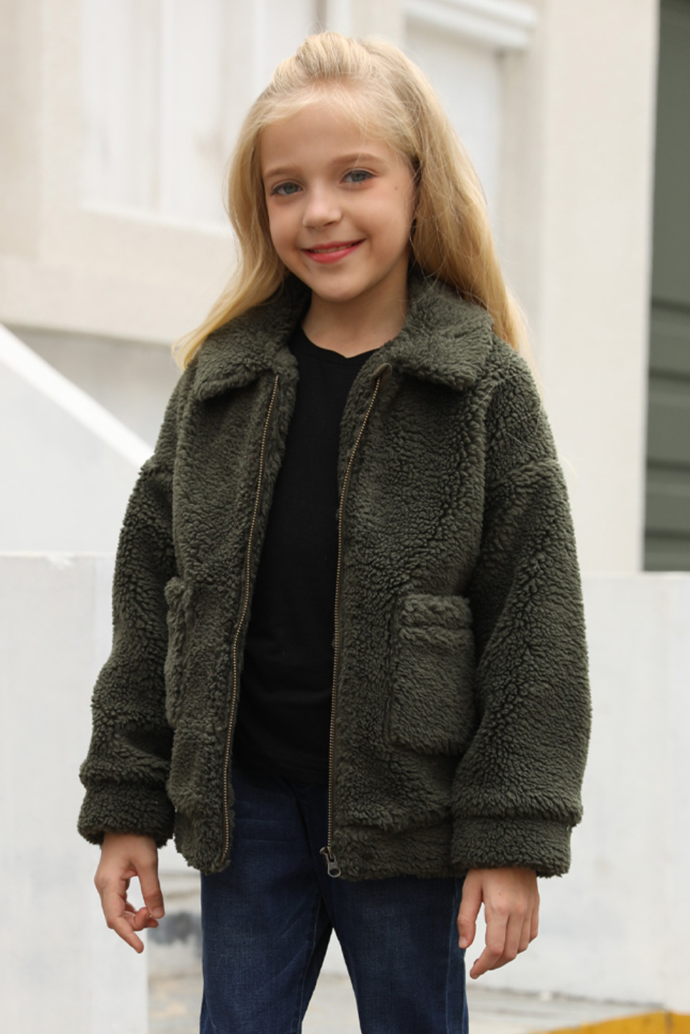Green Lapel Zipper Pockets Girl's Sherpa Coat