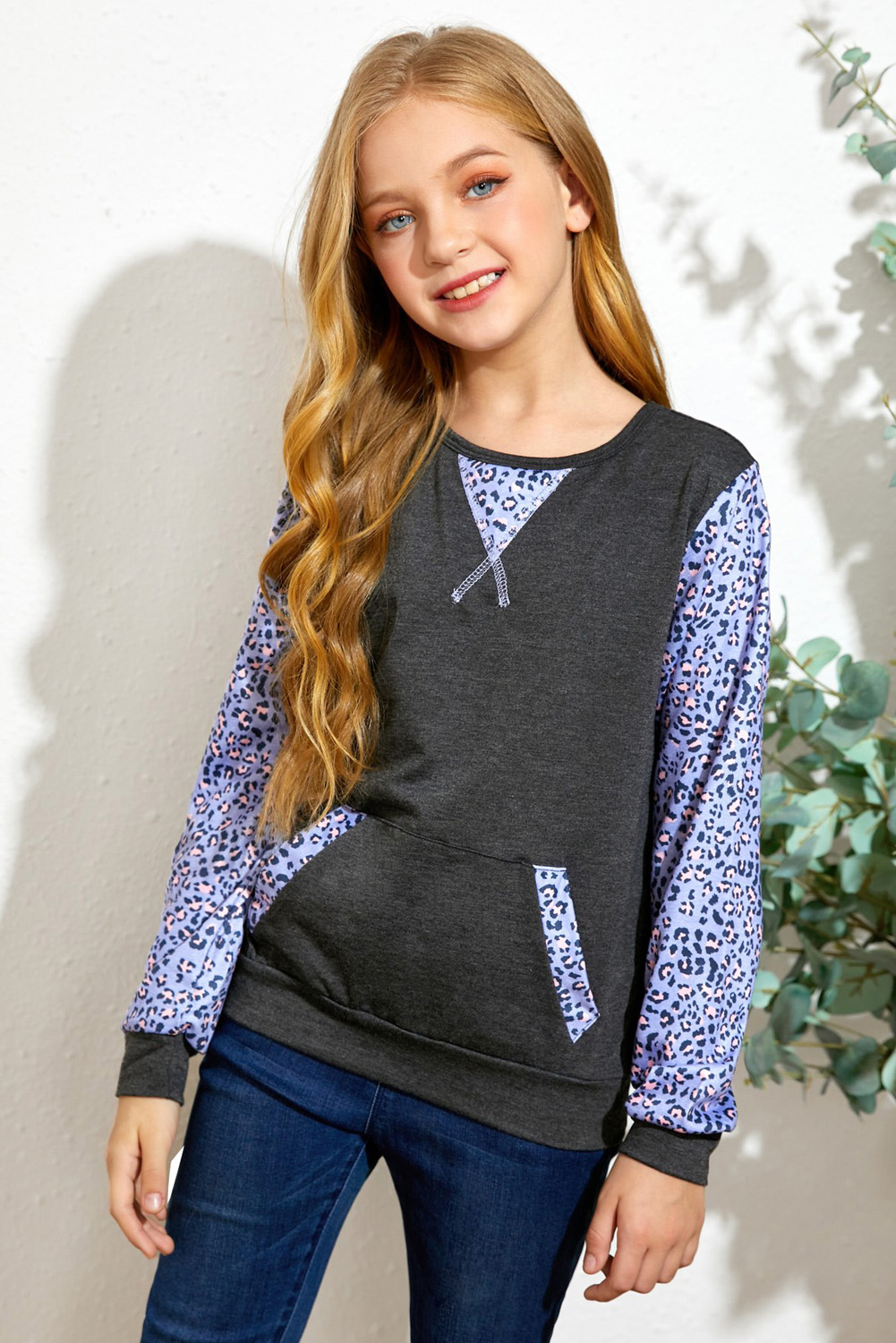 Gray Leopard Raglan Sleeve Patchwork Little Girl Sweatshirt