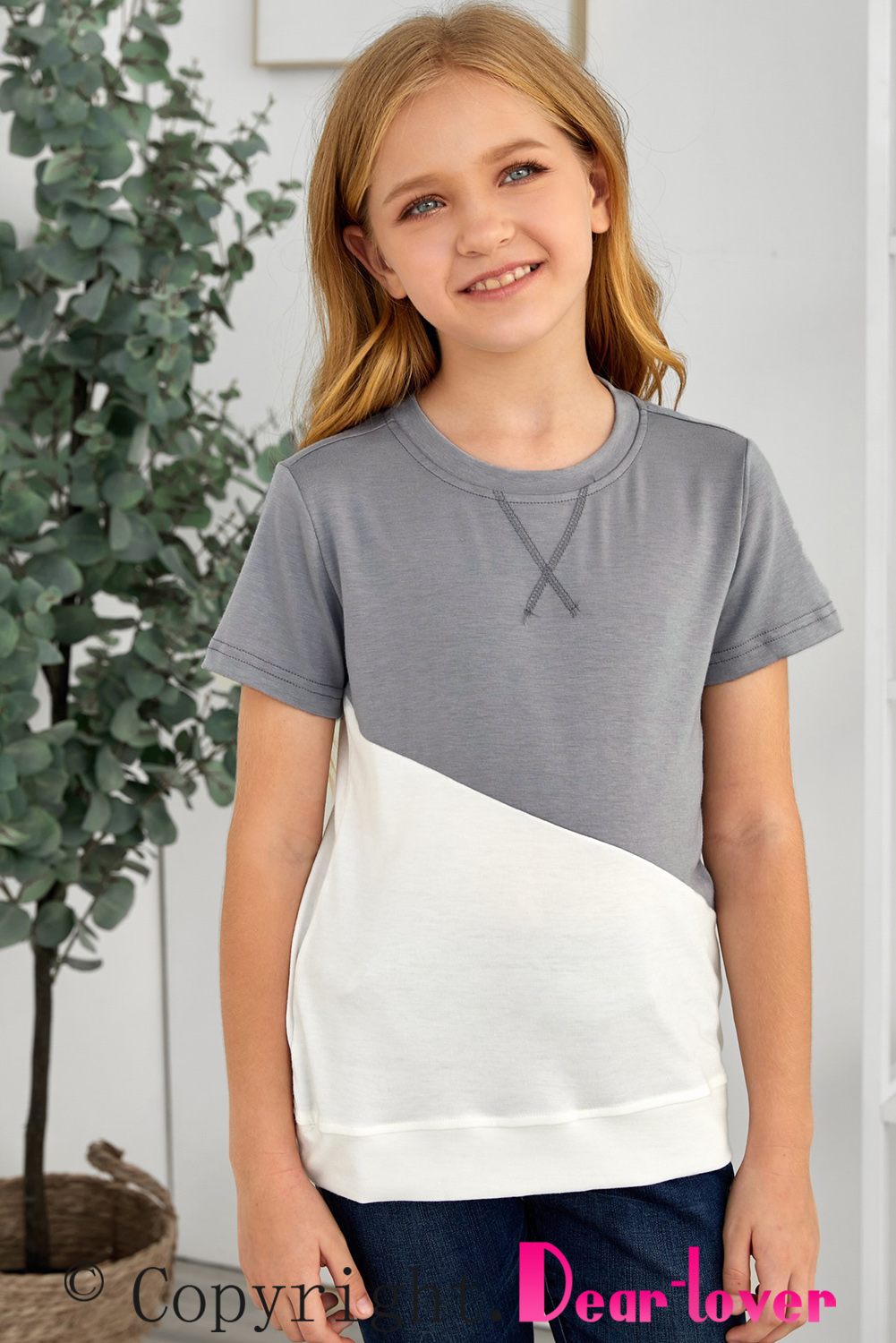 Gray Colorblock Splicing Little Girl Tee