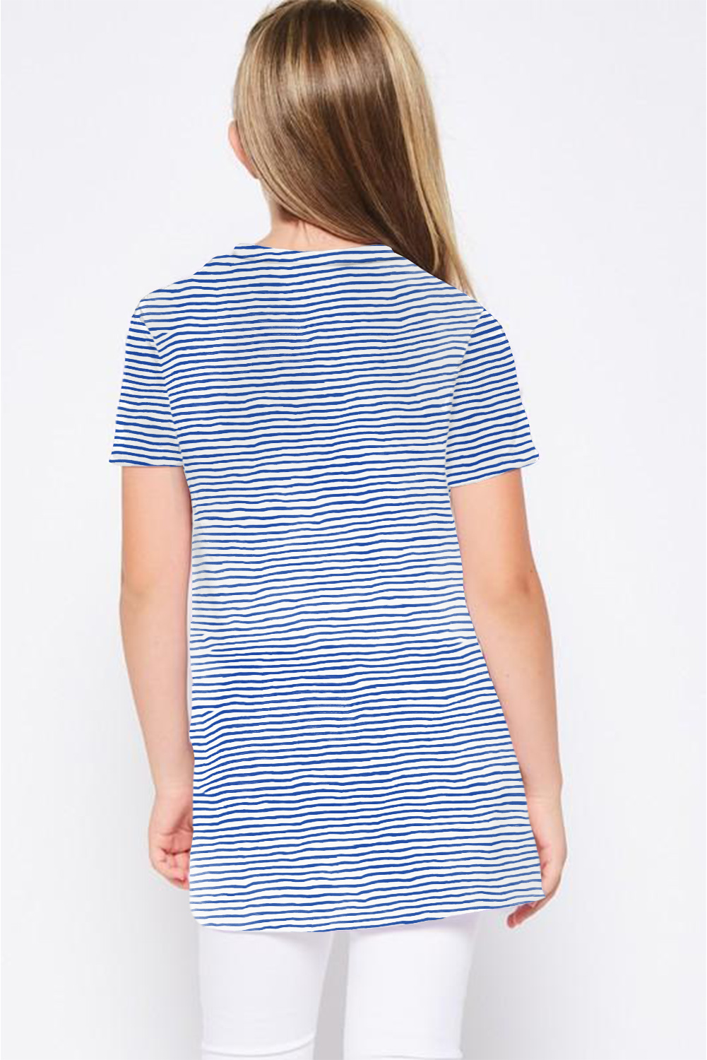 Blue Short Sleeve Front Twist Striped Girl's Top