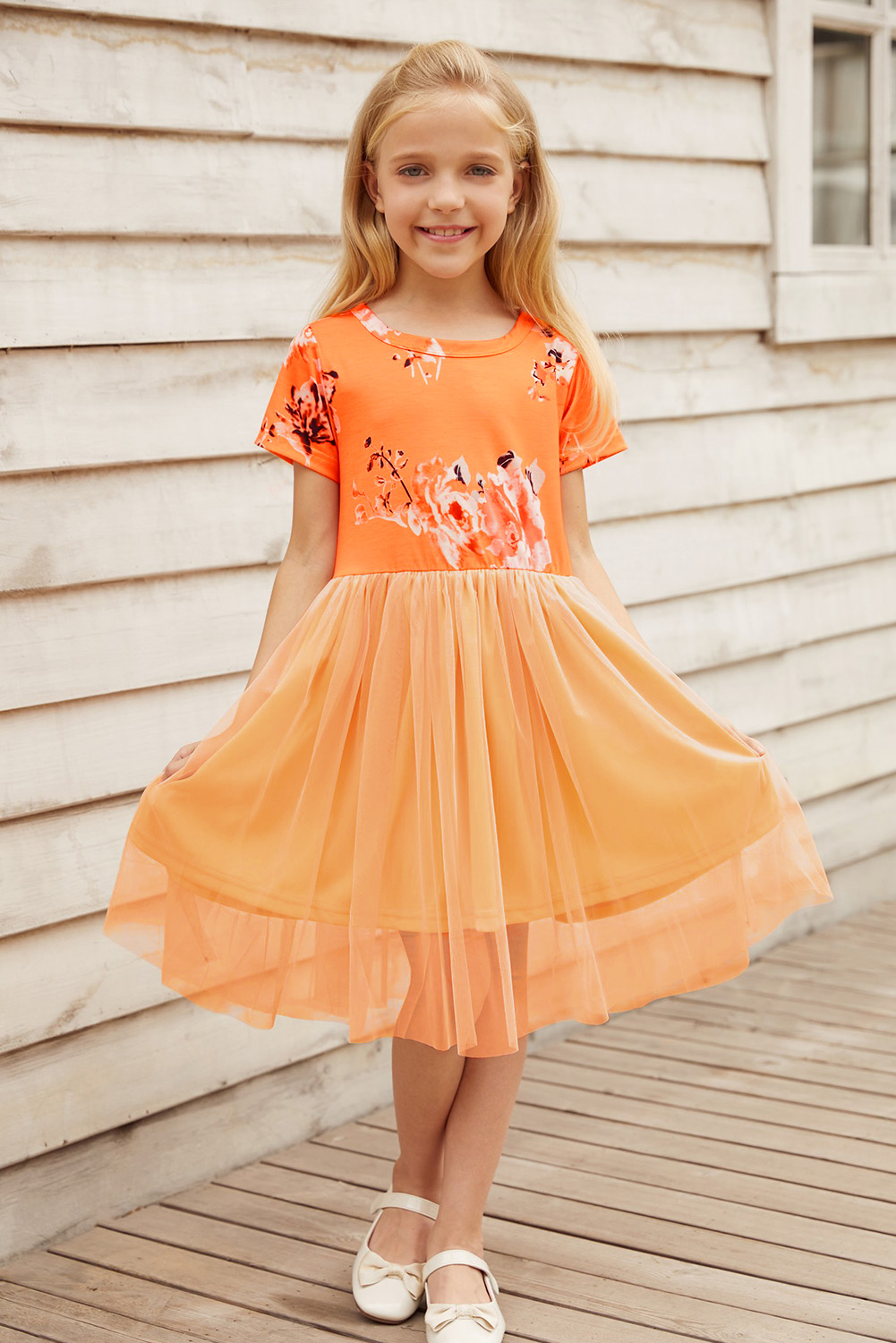 Orange Short Sleeves Floral Bodice Empire Waist Kids Tulle Dress