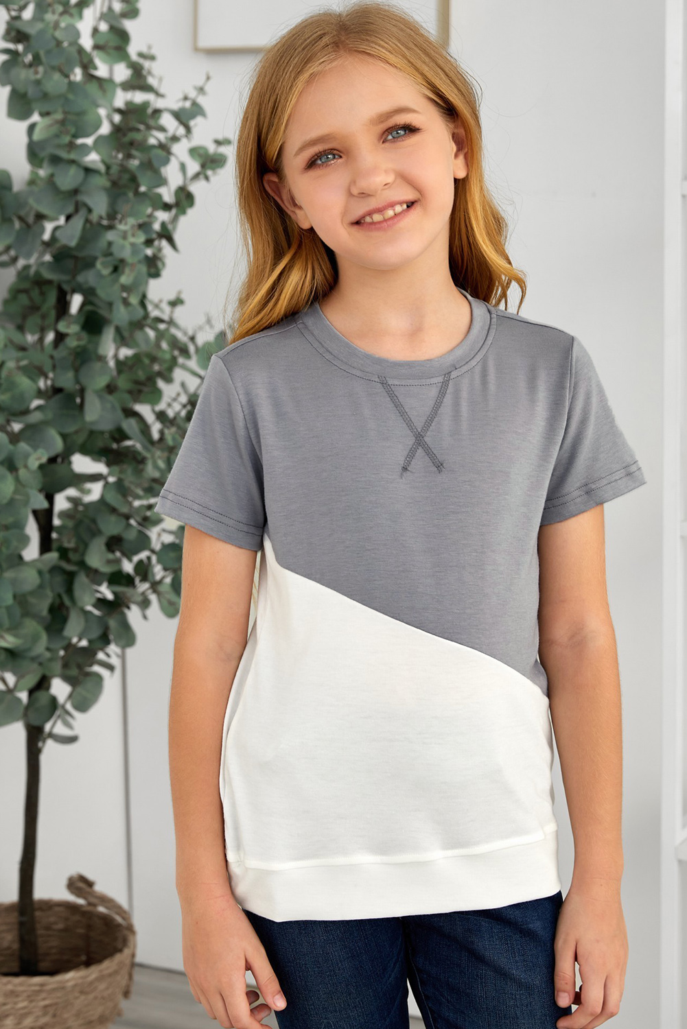 Gray Colorblock Splicing Little Girl Tee