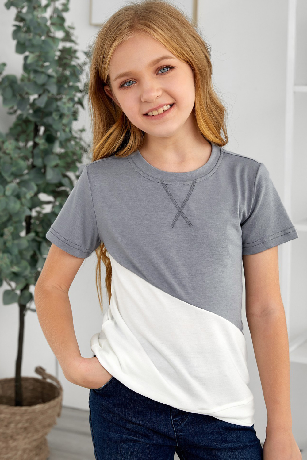 Gray Colorblock Splicing Little Girl Tee