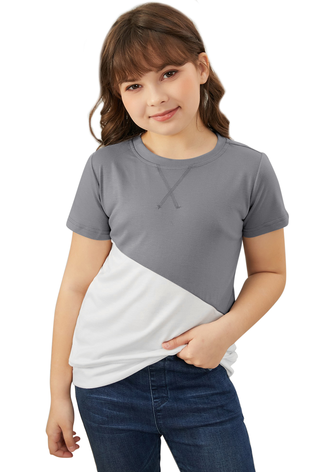 Gray Colorblock Splicing Little Girl Tee