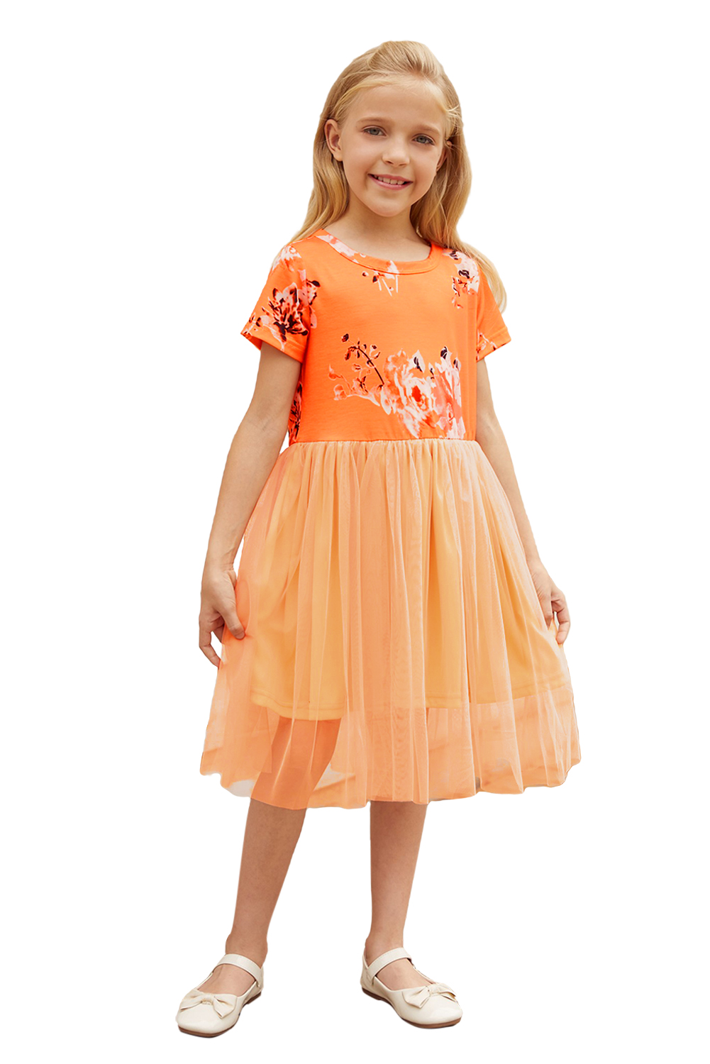 Orange Short Sleeves Floral Bodice Empire Waist Kids Tulle Dress