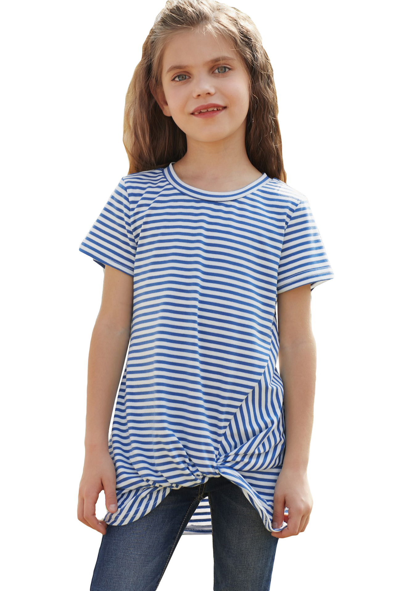 Blue Short Sleeve Front Twist Striped Girl's Top