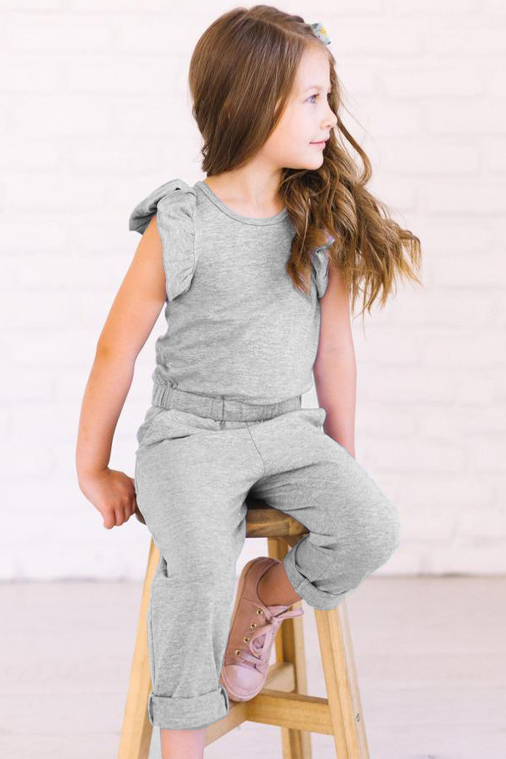 Gray Little Girls Ruffled Shoulder Keyhole Back Jumpsuit With Pockets