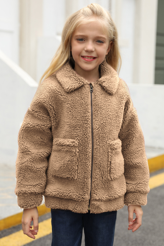 Brown Lapel Zipper Pockets Girl's Sherpa Coat