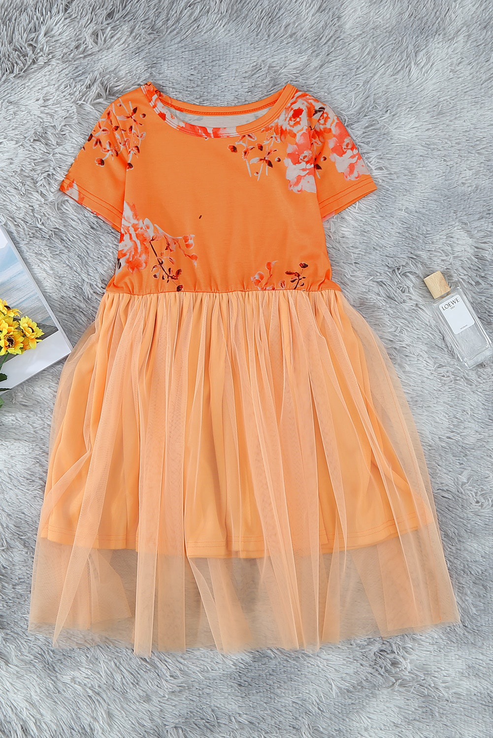 Orange Short Sleeves Floral Bodice Empire Waist Kids Tulle Dress