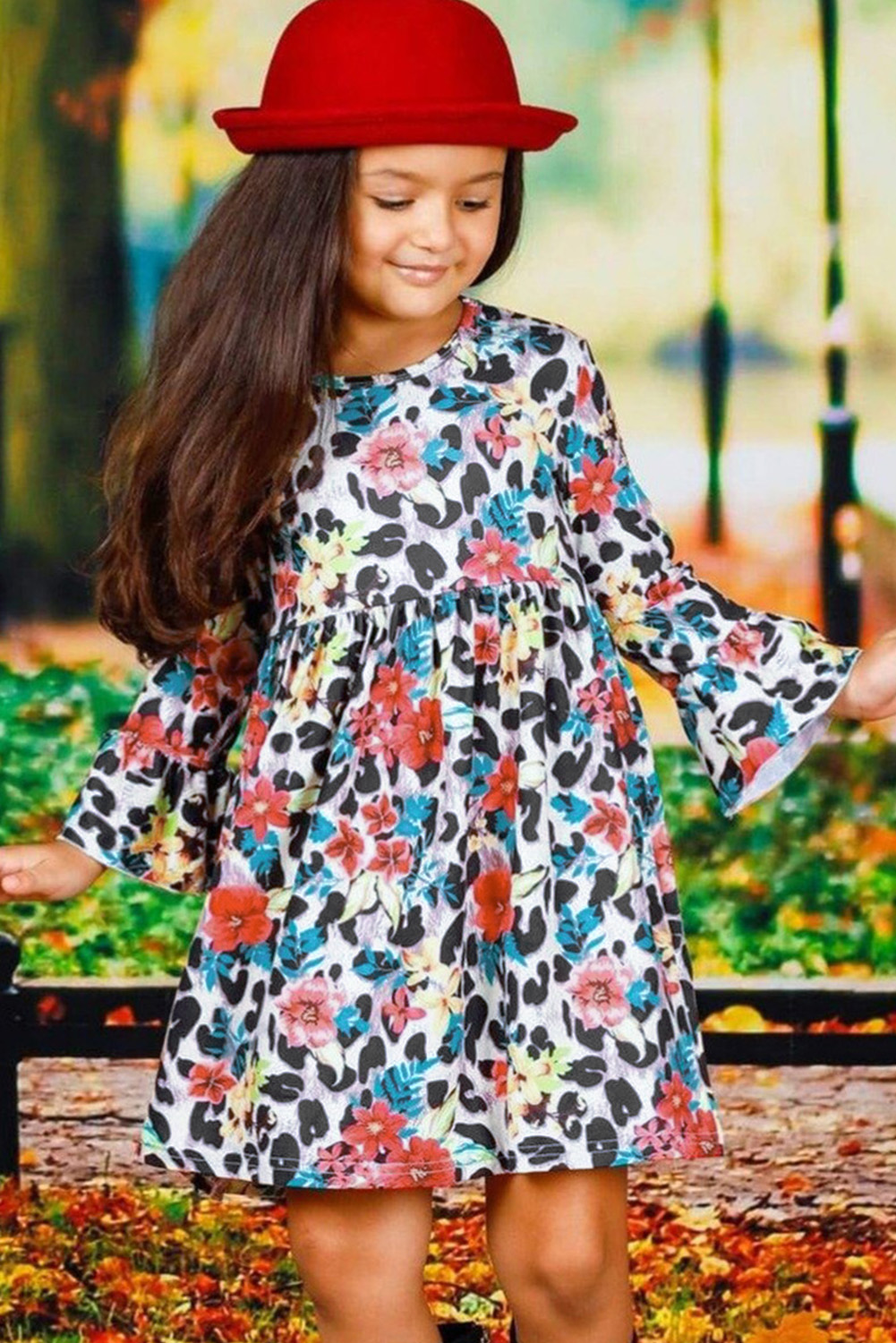 Girls Floral Leopard Long Ruffled Sleeve Dress