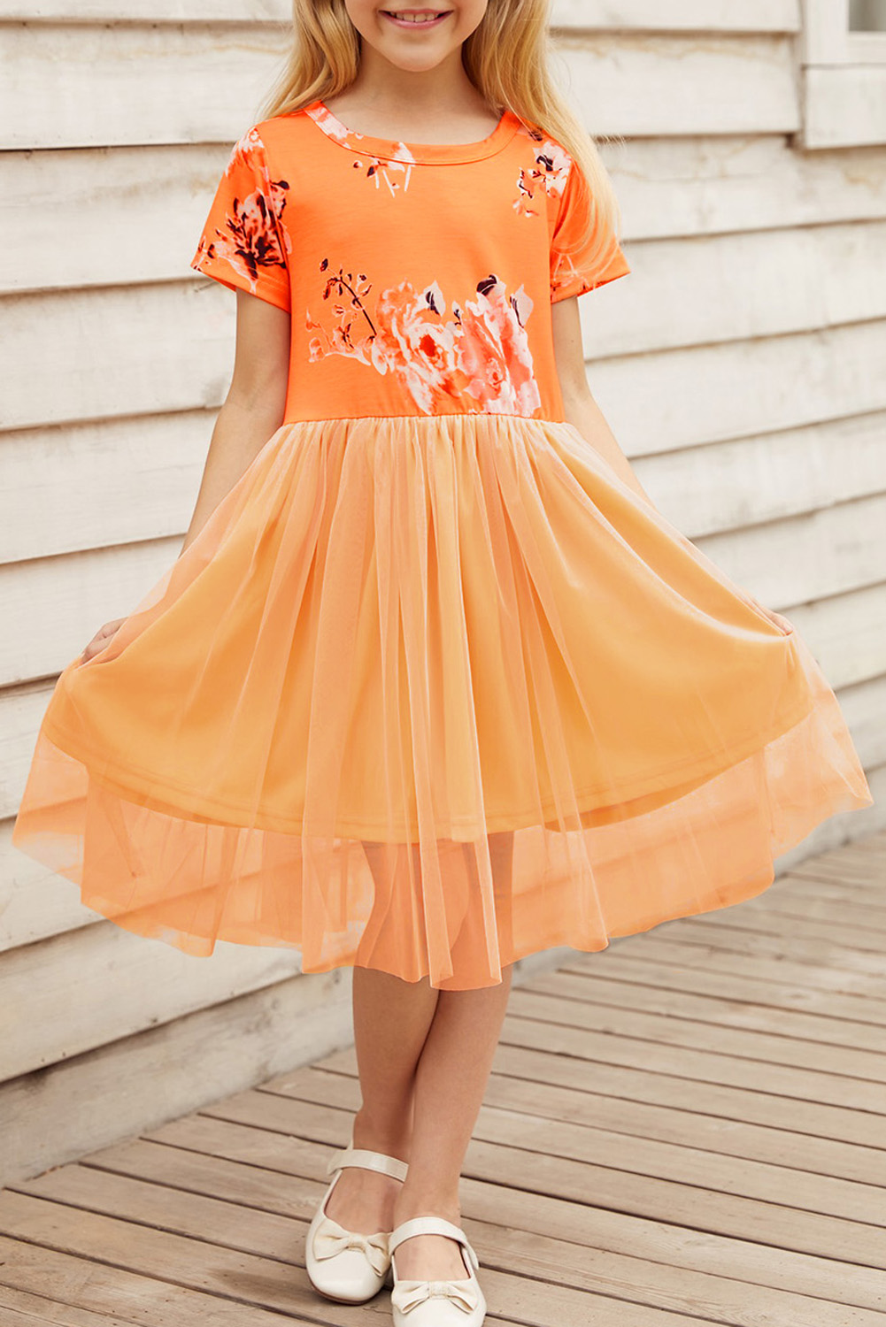Orange Short Sleeves Floral Bodice Empire Waist Kids Tulle Dress