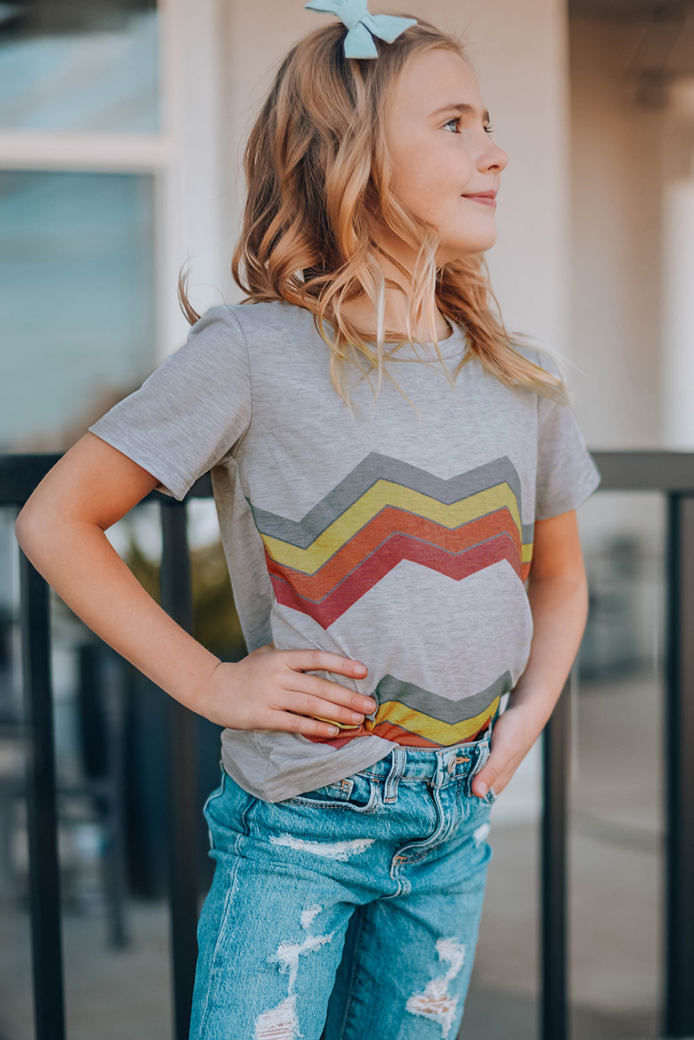 Gray Colorblock Striped Girls' T-Shirt