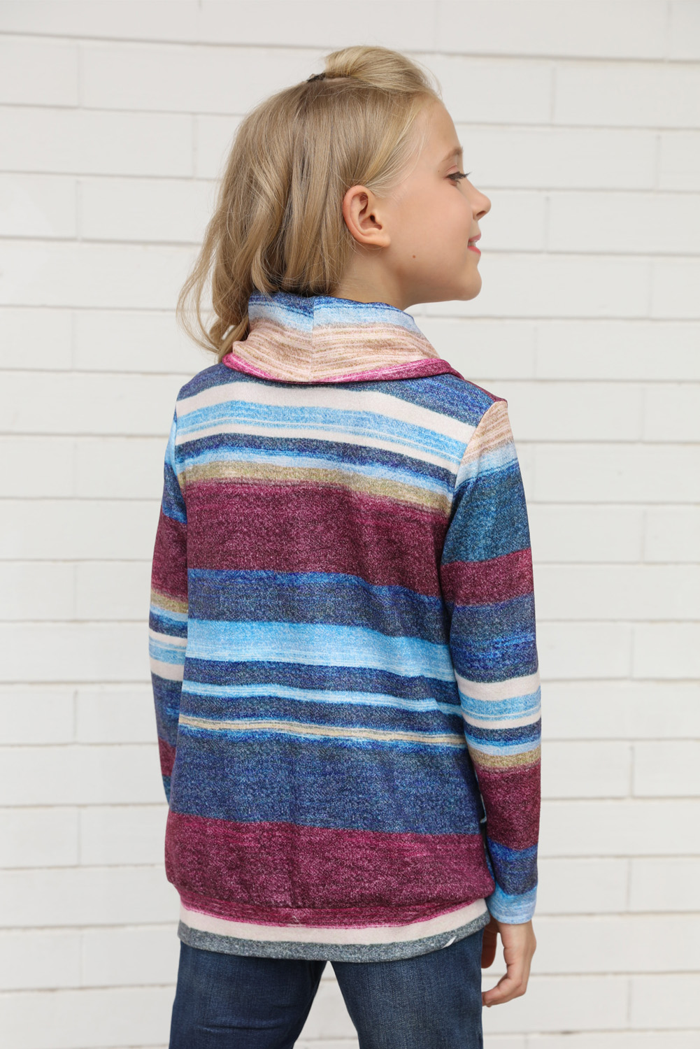Blue Cowl Neck Girl's Striped Sweatshirt