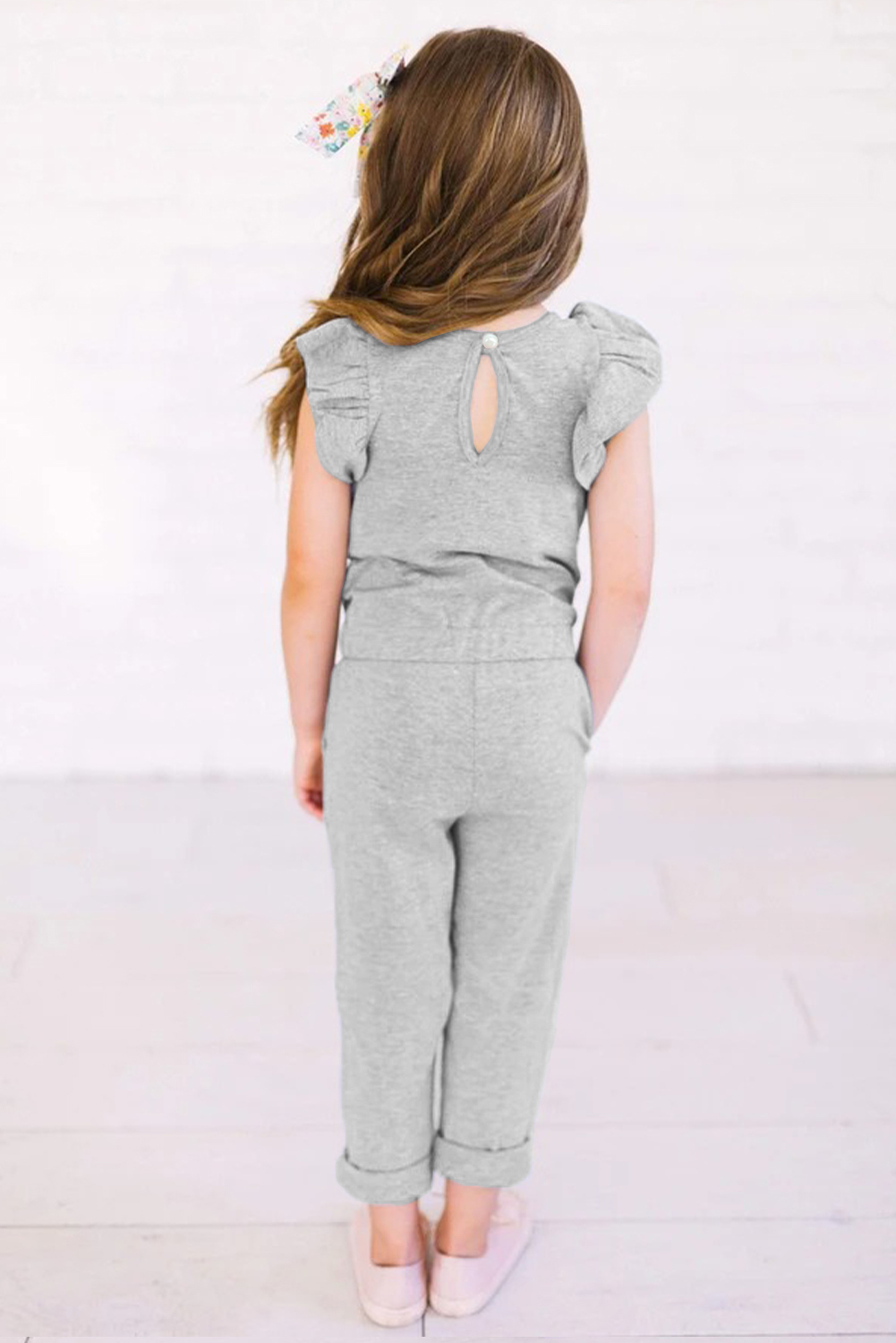 Gray Little Girls Ruffled Shoulder Keyhole Back Jumpsuit With Pockets