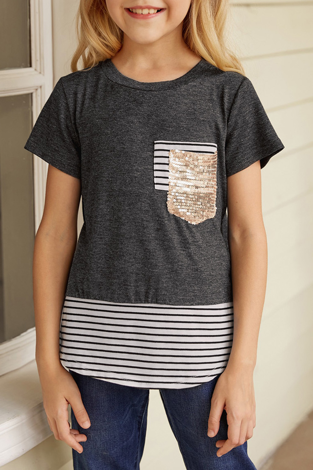 Gray Print Splicing Stripes Girls' T-Shirt
