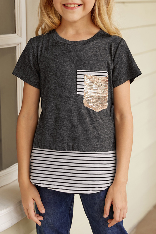 Gray Print Splicing Stripes Girls' T-Shirt