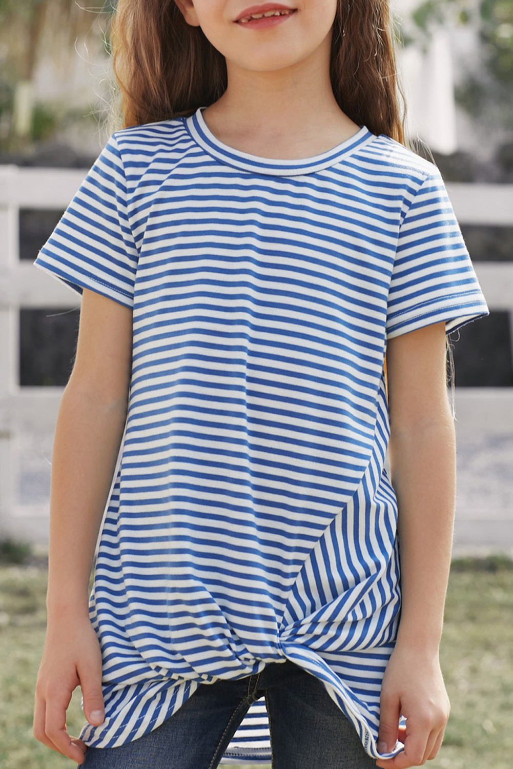 Blue Short Sleeve Front Twist Striped Girl's Top
