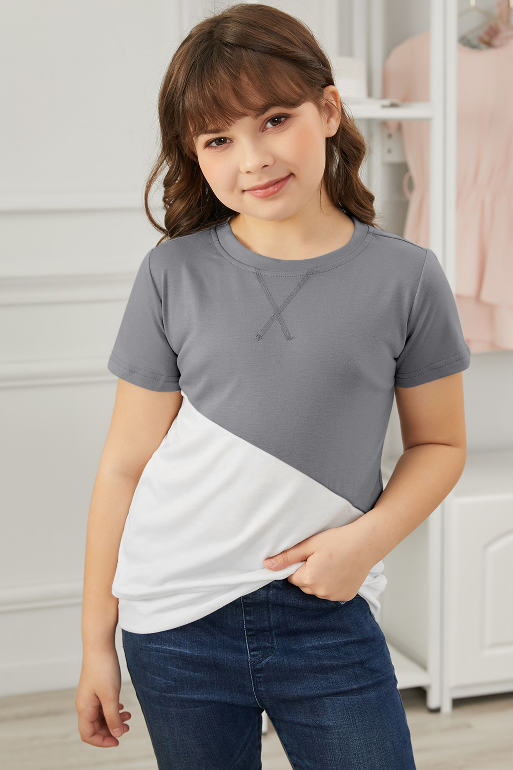 Gray Colorblock Splicing Little Girl Tee