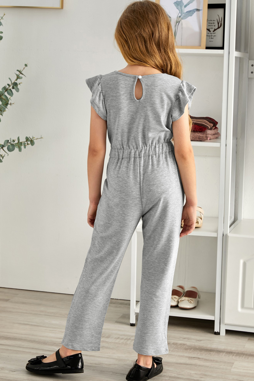 Gray Little Girls Ruffled Shoulder Keyhole Back Jumpsuit With Pockets
