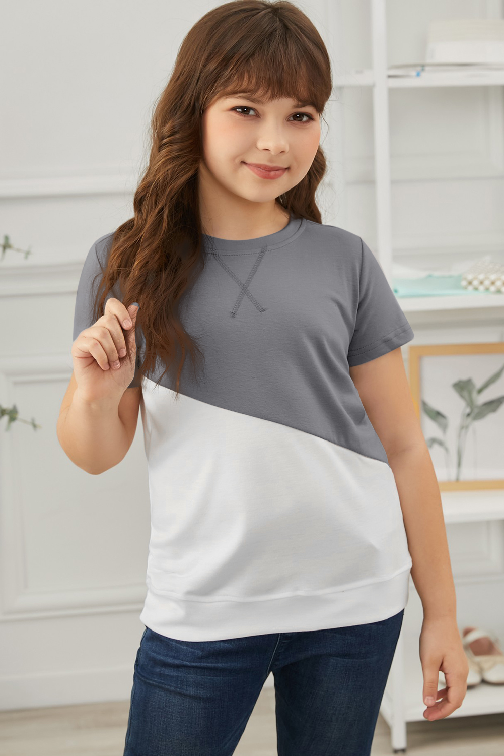 Gray Colorblock Splicing Little Girl Tee