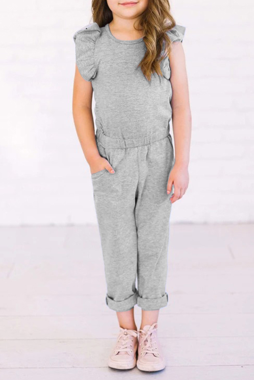 Gray Little Girls Ruffled Shoulder Keyhole Back Jumpsuit With Pockets