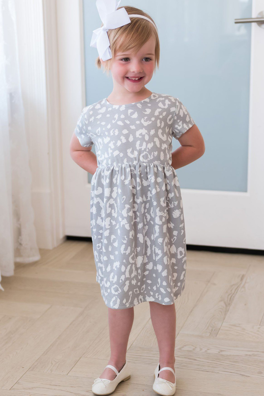 Gray Girl's Leopard Print Crew Neck High Waist Midi Dress