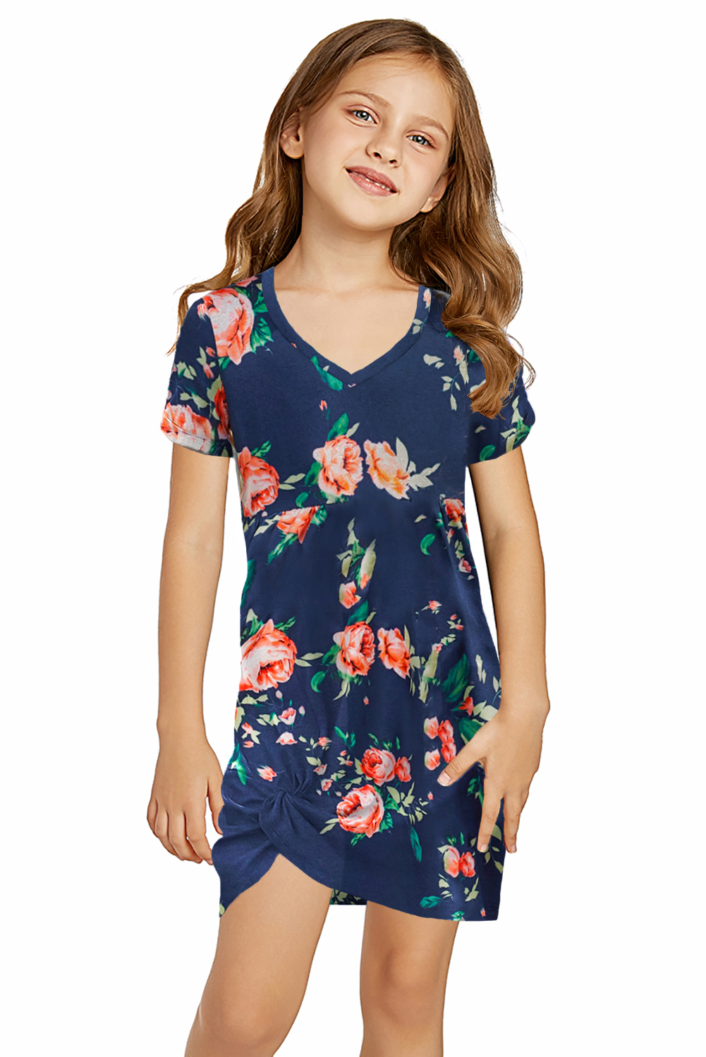 Blue Floral Print Twist Knot V Neck Girl's Mini Dress