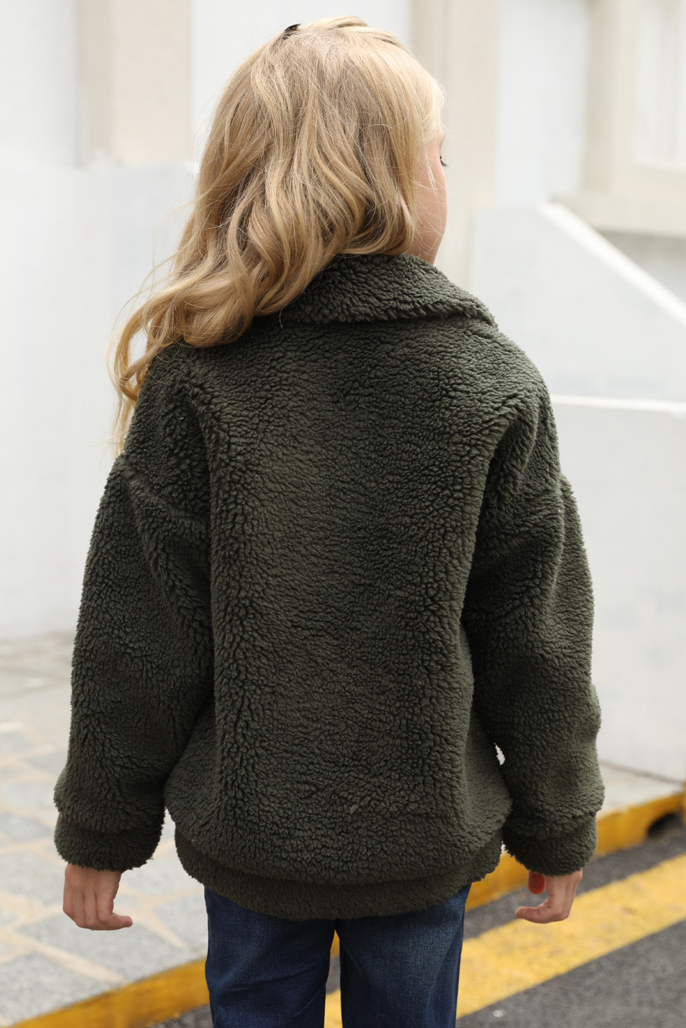 Green Lapel Zipper Pockets Girl's Sherpa Coat