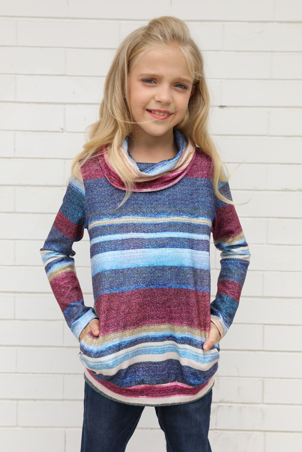 Blue Cowl Neck Girl's Striped Sweatshirt