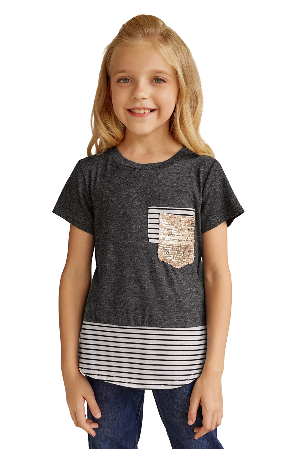 Gray Print Splicing Stripes Girls' T-Shirt