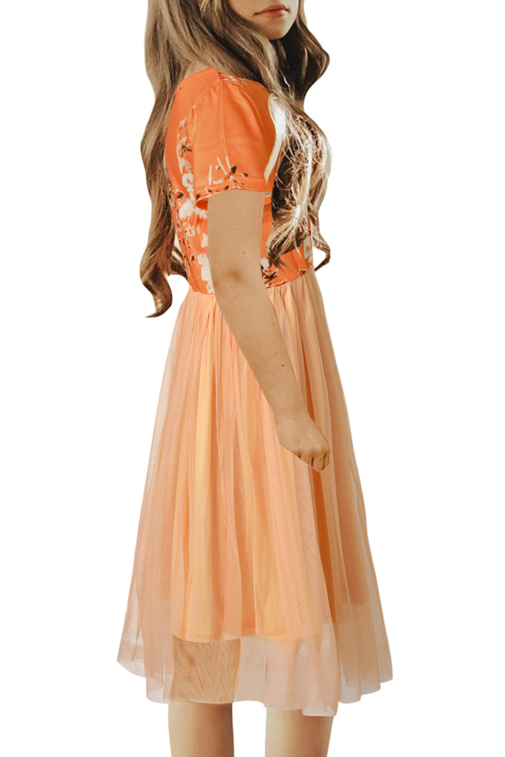 Orange Short Sleeves Floral Bodice Empire Waist Kids Tulle Dress