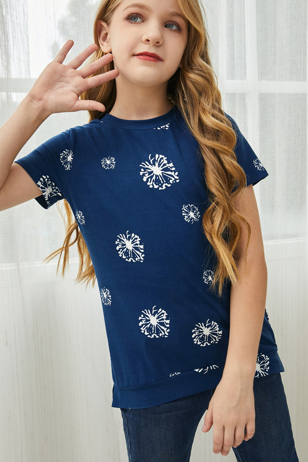 Blue Dandelion Print Little Girl Tee