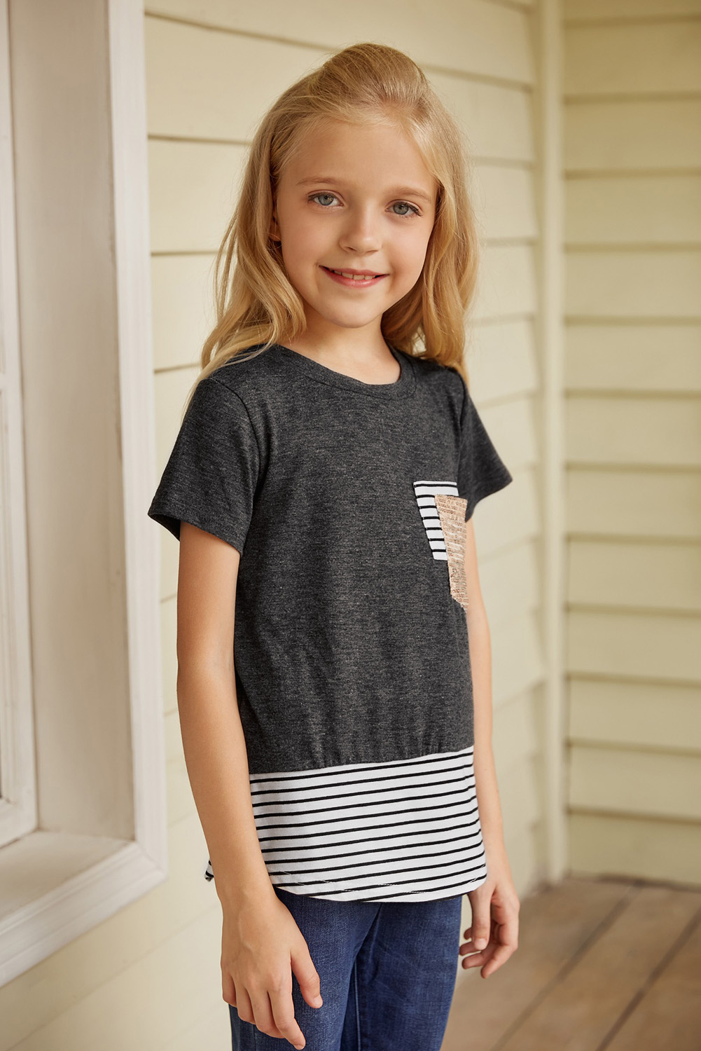 Gray Print Splicing Stripes Girls' T-Shirt