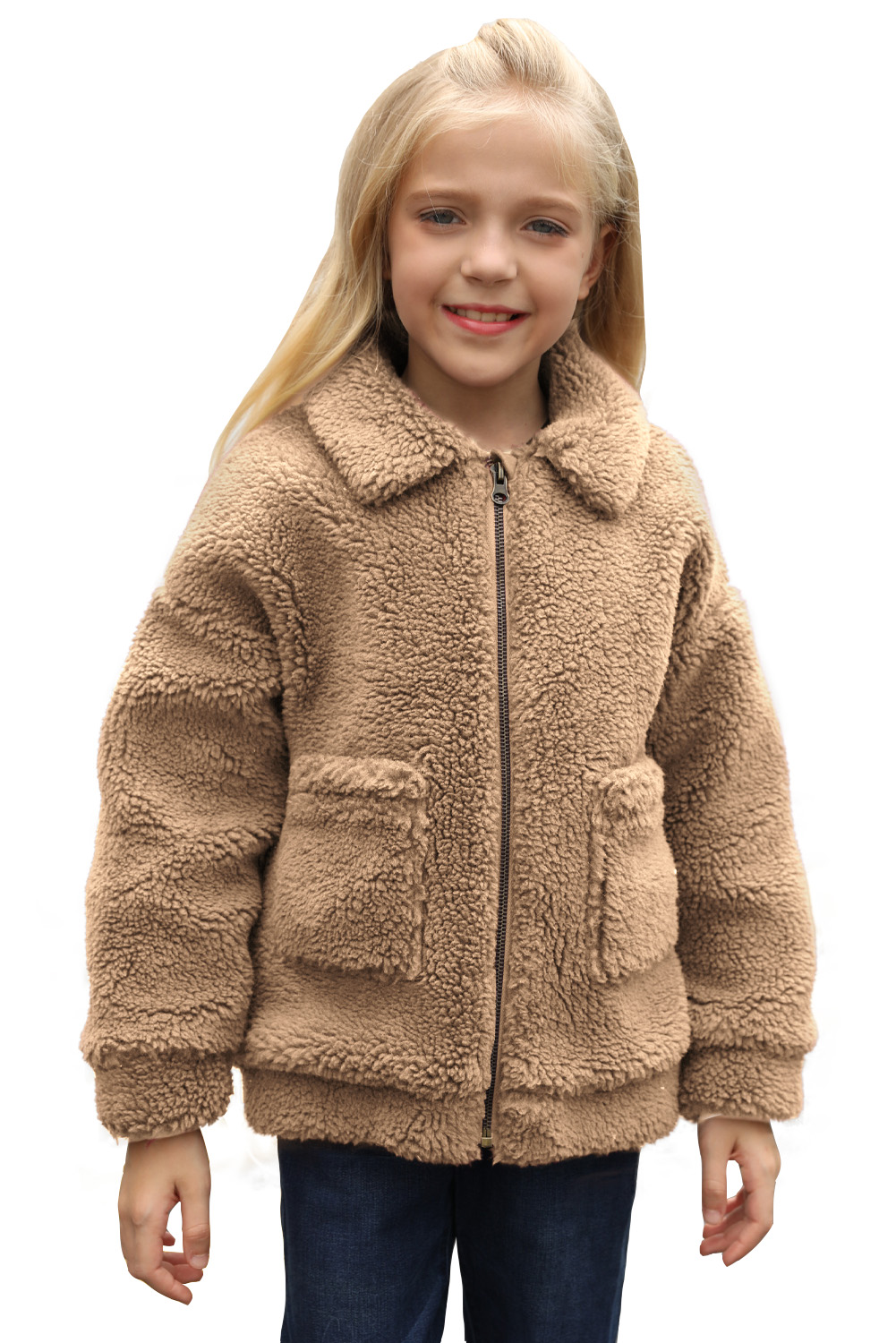 Brown Lapel Zipper Pockets Girl's Sherpa Coat